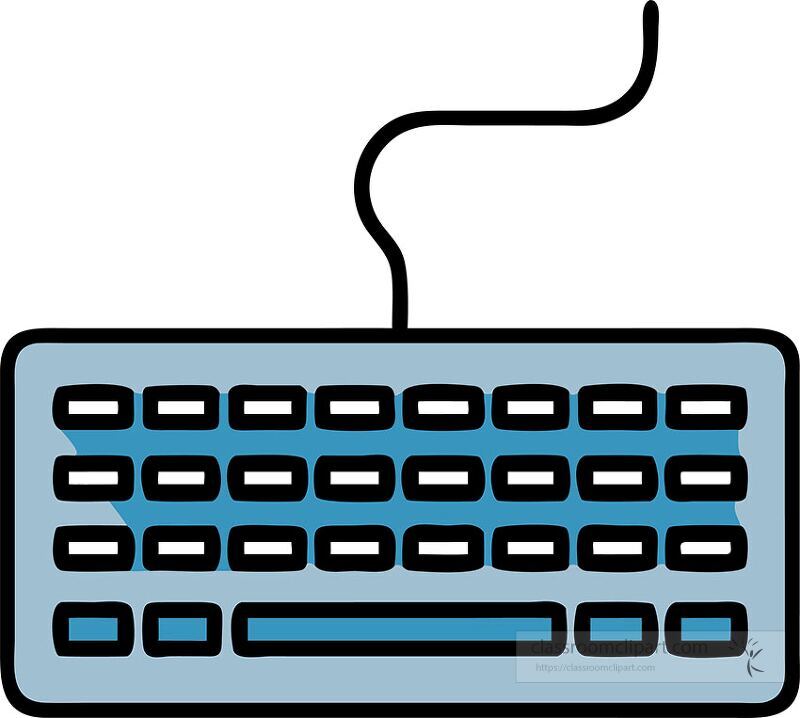 This clip art features a simple illustration of a computer keyboard with a single cable It is suitable for various digital and print projects showcasing functionality and design