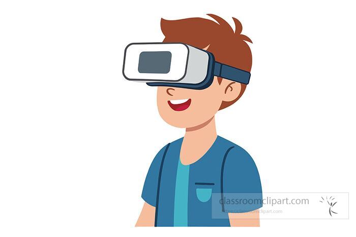 educational clipart shows a happy boy wearing a virtual reality headset representing modern learning tools and digital exploration for students