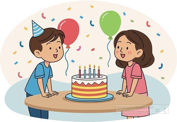 Two children stand around a birthday cake with lit candles while colorful confetti and balloons decorate the background clipart