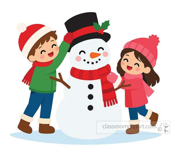Two cheerful children wearing winter hats and scarves decorate a smiling snowman with a black top hat and red striped scarf