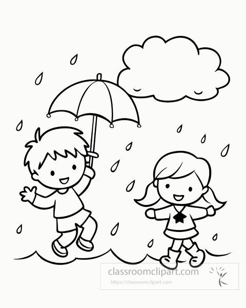 Children play happily under the rain with an umbrella coloring printable