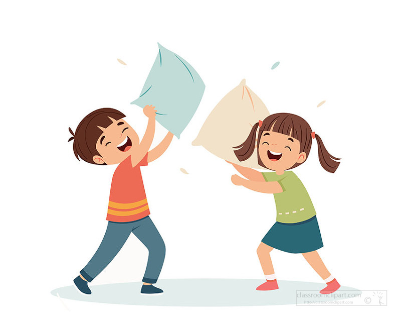 laughing boy and girl swinging pillows at each other while playing