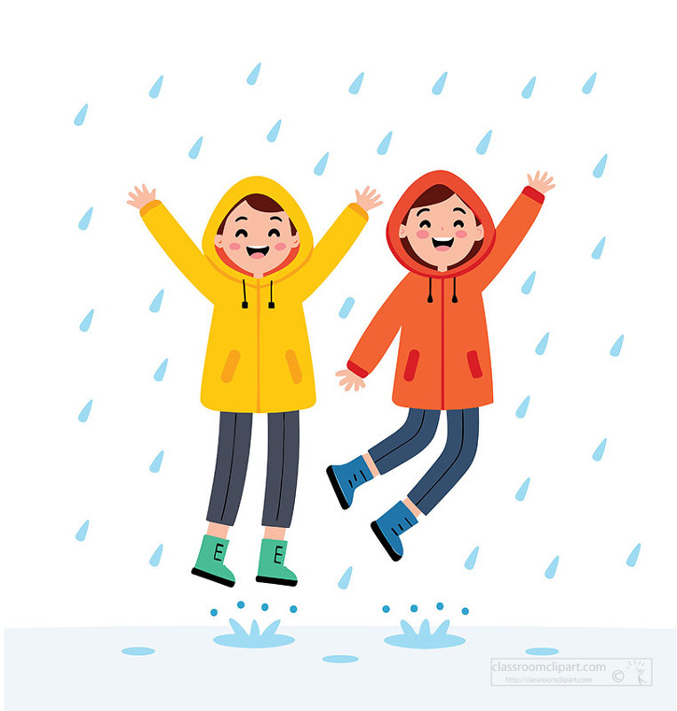 Joyful children playing in rain and jumping in puddles with colorful raincoats