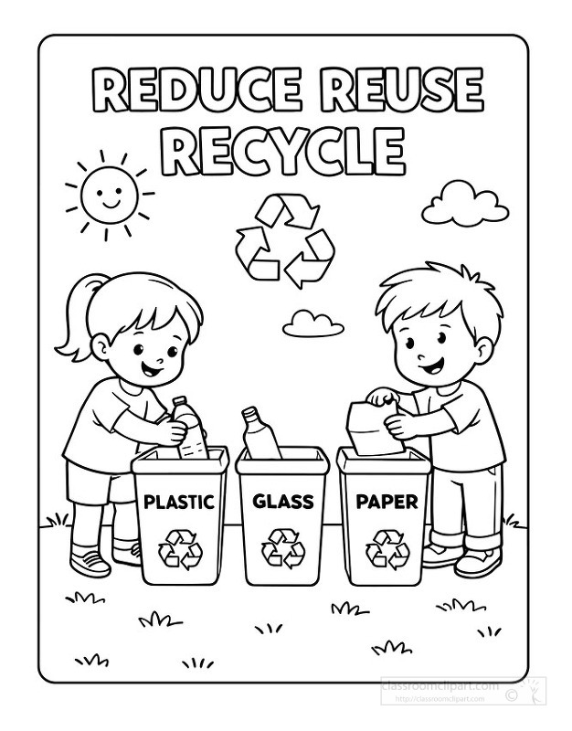 children sorting plastic glass and paper into recycling bins under reduce reuse recycle sign