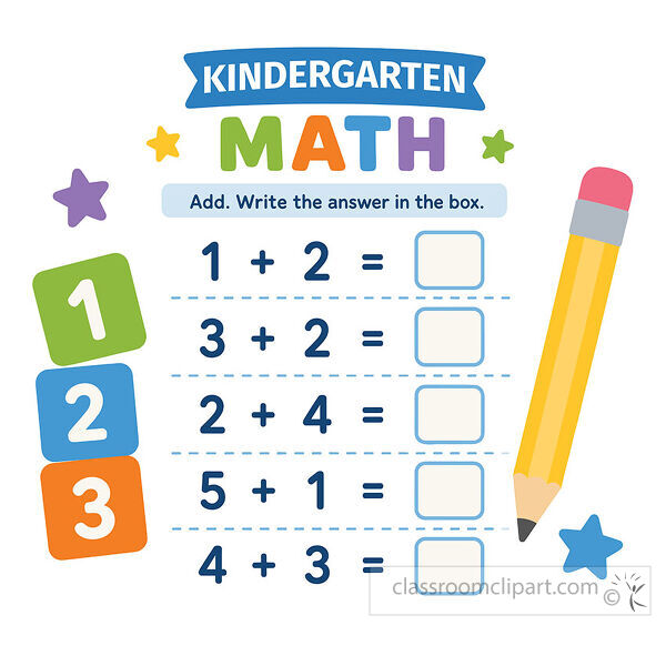 kindergarten math worksheet clipart with addition problems answer boxes number blocks stars and a yellow pencil