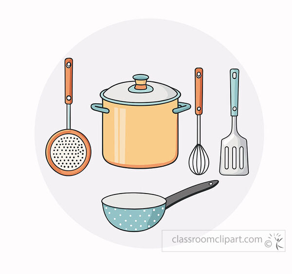 Kitchen utensils with a lidded pot spotted pan skimmer whisk and spatula arranged on a pale circle background