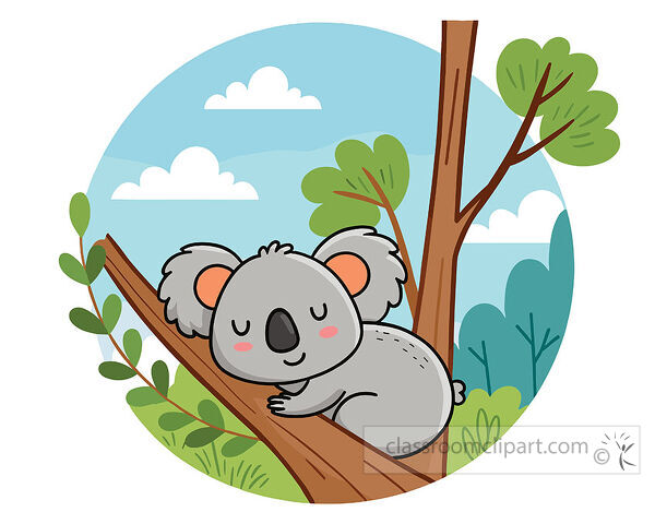Koala clipart showing a gray koala sleeping on the ground with trees bushes and clouds behind it