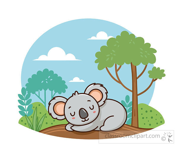 Koala clipart showing a gray koala sleeping under a tree with leafy bushes and a blue sky
