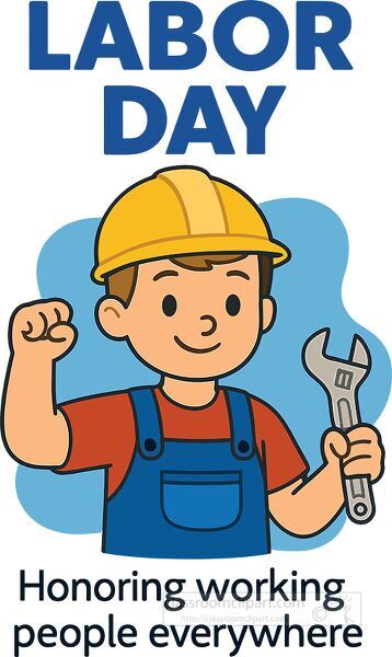 Cartoon child wearing hard hat and holding wrench to celebrate Labor Day holiday