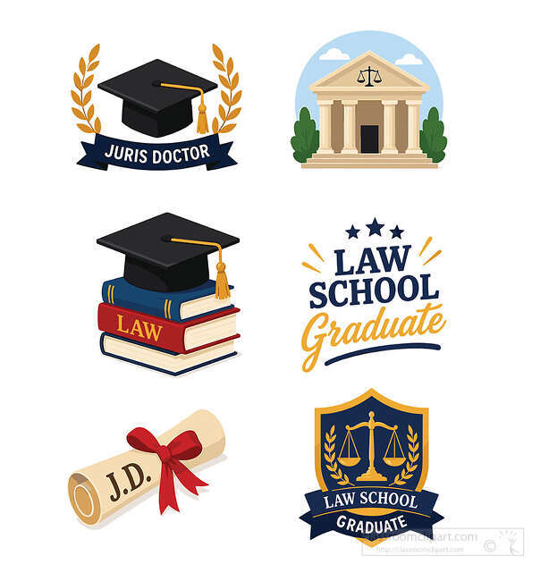 Law school graduation badge set with Juris Doctor cap law books diploma courthouse and scales symbols