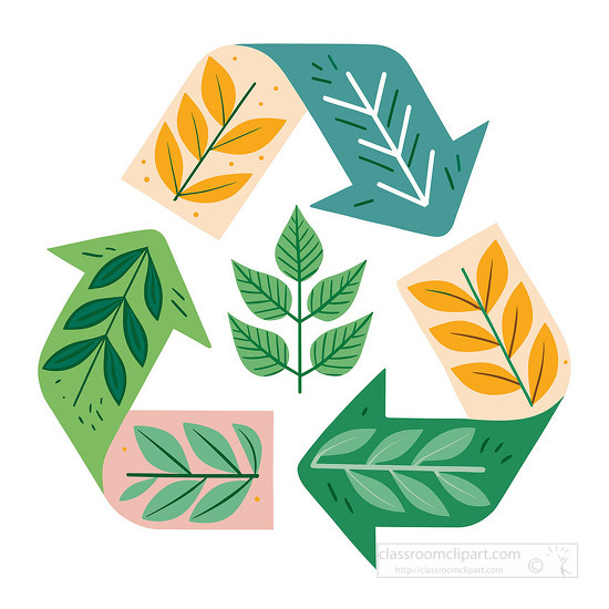 A green recycling symbol formed with leaf arrows and a plant center for sustainability branding environmental education and eco use