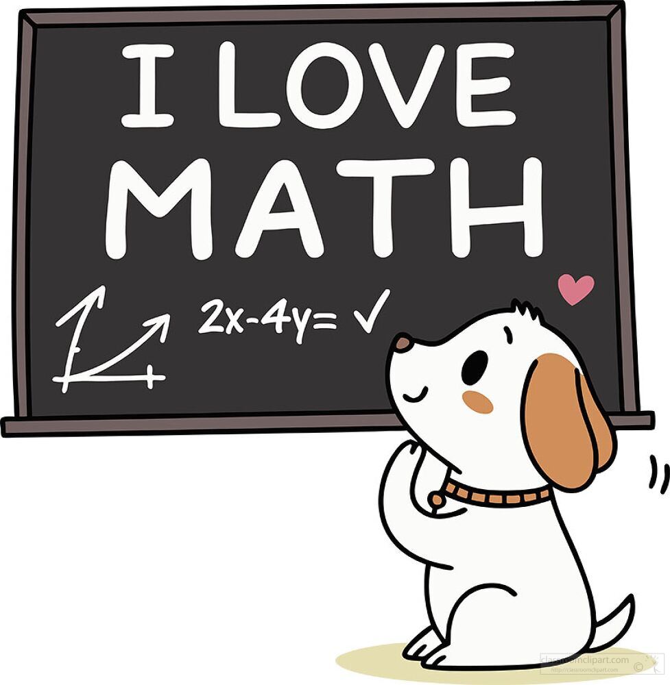 A cheerful puppy sits in front of a chalkboard adorned with bold letters stating a love for math. With a heartwarming expression the dog seems to engage with the subject creating an atmosphere of fun and enthusiasm in an educational setting.