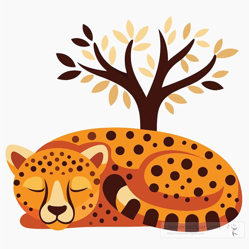 A leopard is curled up and fast asleep beneath a stylized tree The animal has distinctive spots and the setting features a clean white background enhancing its vibrant colors