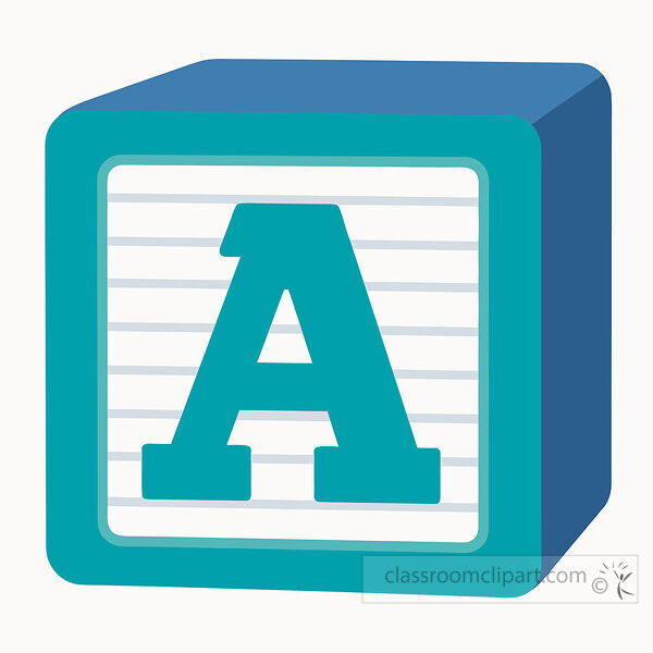 Teal and blue alphabet block with a large uppercase letter A on a lined white face