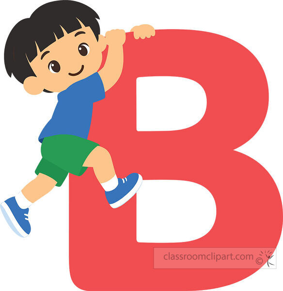 Large red letter B with a smiling boy climbing along the upper side while holding onto the letter