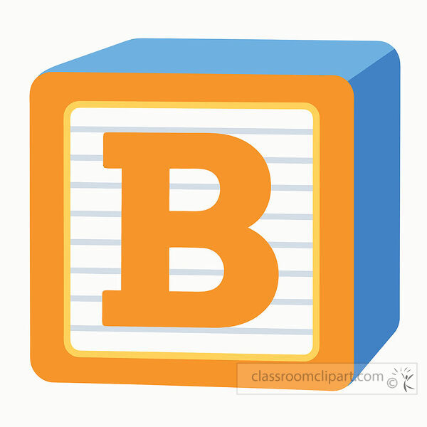 Orange alphabet block with a large uppercase letter B on a lined white face with bright blue three dimensional sides
