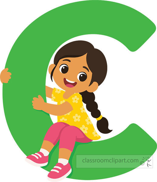 Large green letter C with a smiling braided girl sitting comfortably inside the open lower curve