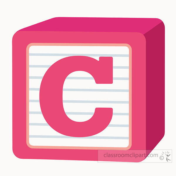 Pink alphabet block with a large uppercase letter C on a lined white face with darker pink three dimensional sides