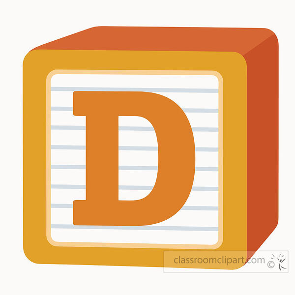 Gold alphabet block with a large uppercase letter D on a lined white face with warm orange three dimensional sides