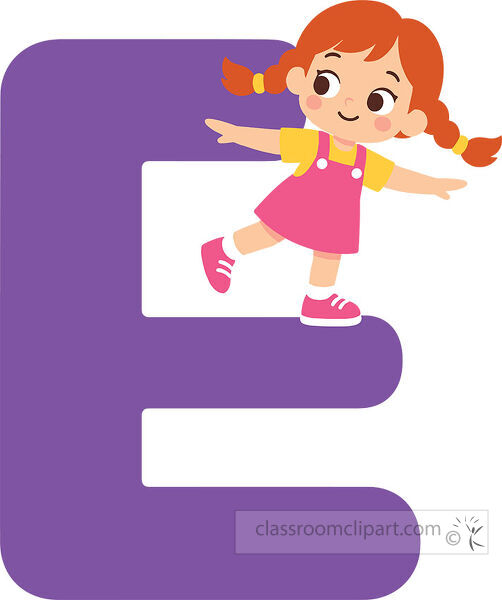 Large purple letter E with a red haired girl balancing on the upper arm with both arms stretched outward