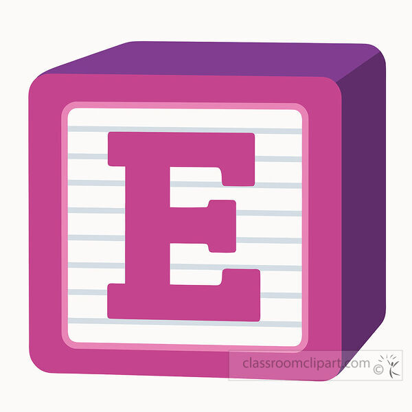Magenta alphabet block with a large uppercase letter E on a lined white face with deep purple three dimensional sides