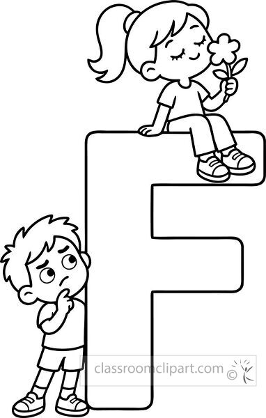 Large outlined letter F with a girl smelling a flower on top and a thoughtful boy standing beside the bottom