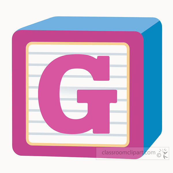 Pink alphabet block with a large uppercase letter G on a lined white face with bright blue three dimensional sides