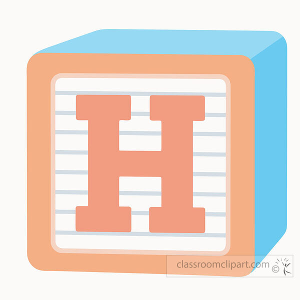 alphabet block with a large uppercase letter H on a lined white face with light blue three dimensional sides