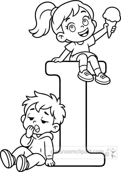 Large outlined letter I with a smiling girl sitting on top holding an ice cream cone and a sleepy boy sitting below