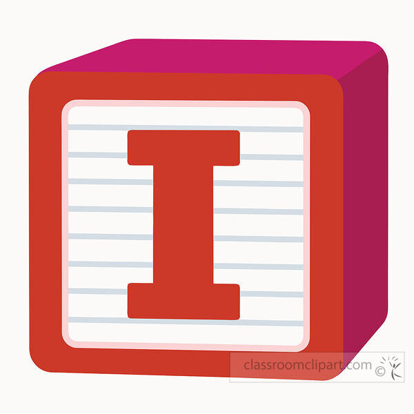 Red alphabet block with a large uppercase letter I on a lined white face with deep pink three dimensional sides