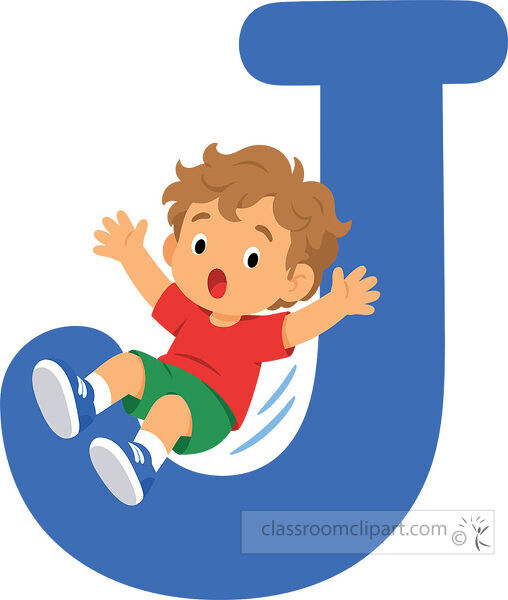 Large blue letter J with a surprised boy sitting inside the curved base with both arms raised