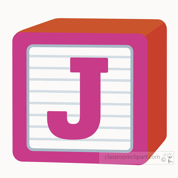 Magenta alphabet block with a large uppercase letter J on a lined white face with warm orange three dimensional sides