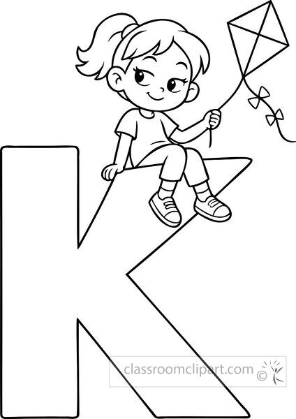 Large outlined letter K with a seated girl holding the string of a diamond shaped kite with small bows on the tail