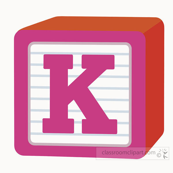 alphabet block with a large uppercase letter K on a lined white face and red orange sides