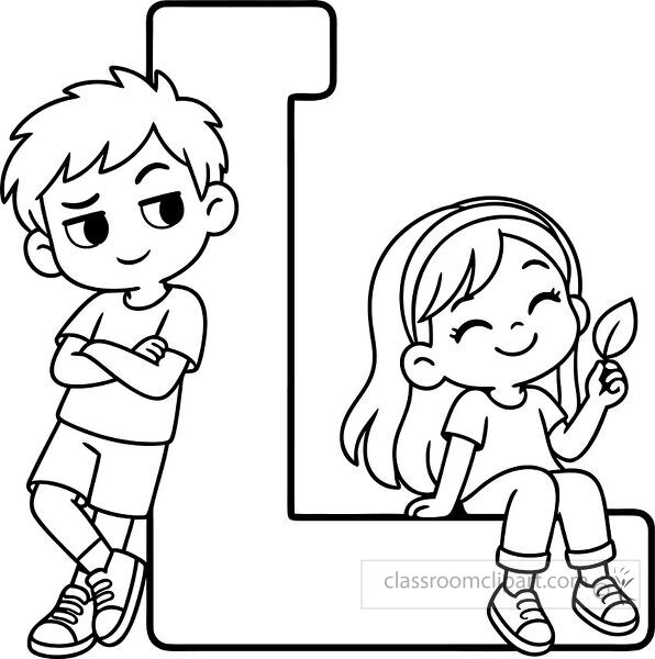 Large outlined letter L with a boy leaning against the left side and a smiling girl sitting on the bottom holding a leaf