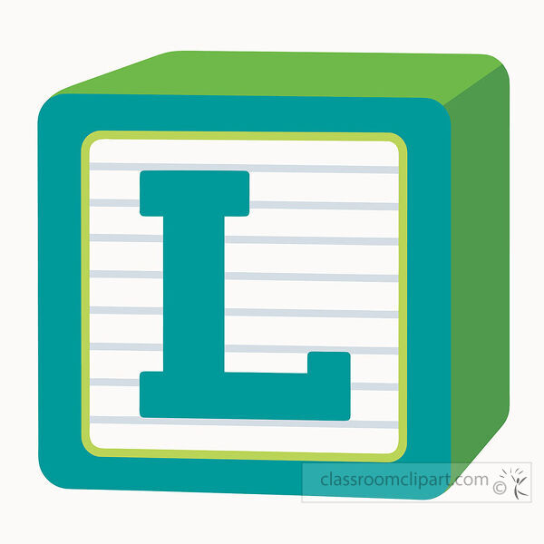 alphabet block with a large uppercase letter L on a lined white face with bright green three dimensional sides