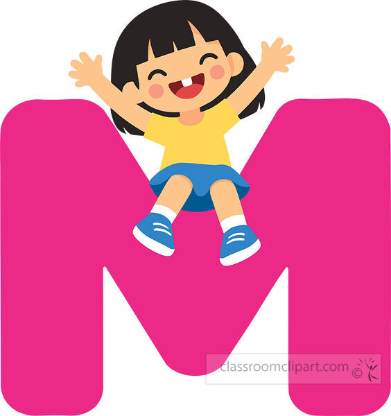 Large pink letter M with a cheerful girl sitting in the center and lifting both arms above her head