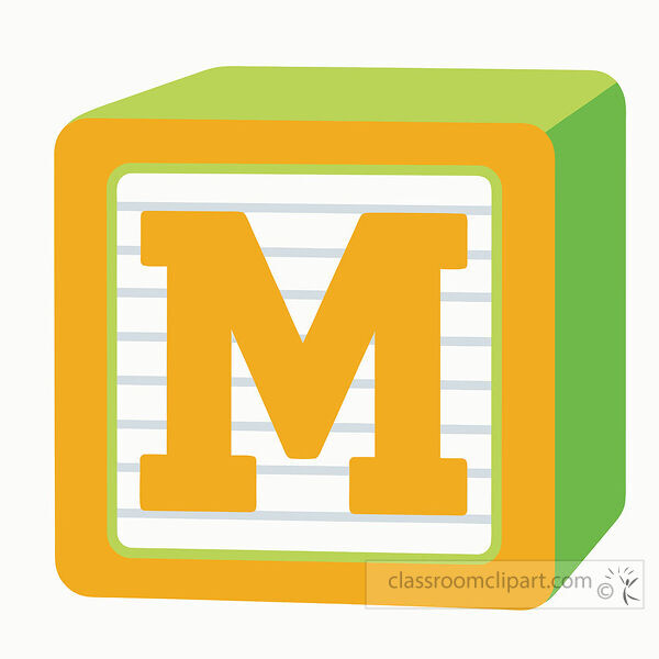 alphabet block with a large uppercase letter M on a lined white face and green sides