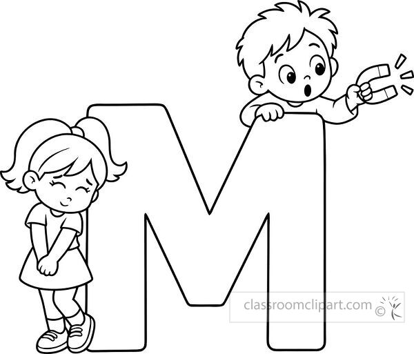Large outlined letter M with a shy girl beside the left side and a surprised boy above holding a horseshoe magnet