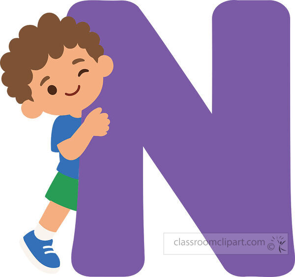 Large purple letter N with a smiling curly haired boy hugging the left side and peeking around the edge