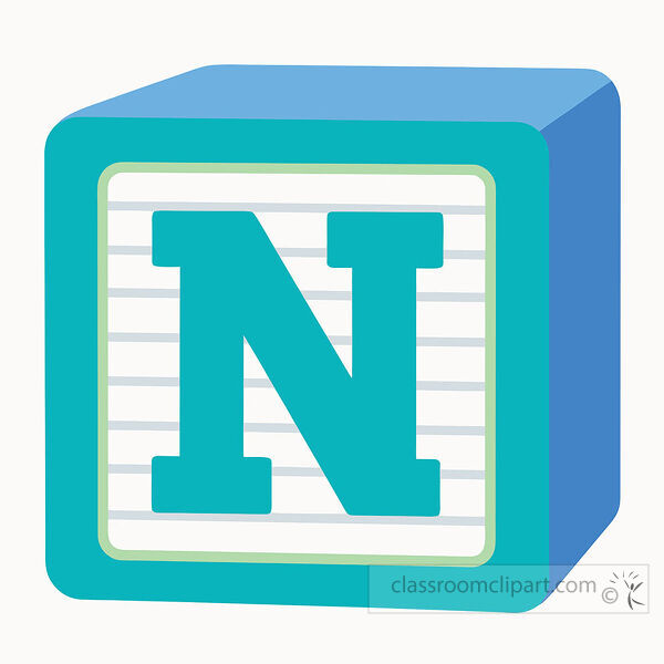 alphabet block with a large uppercase letter N on a lined white face with bright blue three dimensional sides