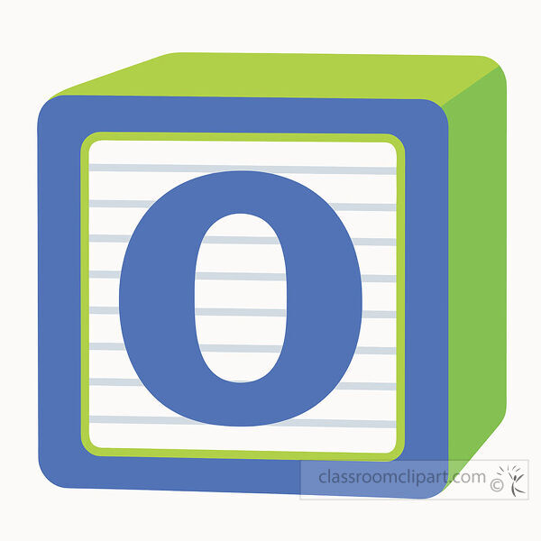 alphabet block with a large uppercase letter O on a lined white face with bright green three dimensional sides