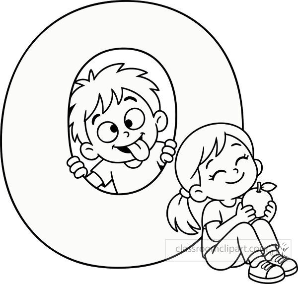 Large outlined letter O with a playful boy peeking through the center and a smiling girl sitting beside it holding an orange