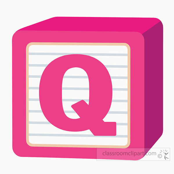 alphabet block with a large uppercase letter Q on a lined white face with deep magenta three dimensional sides