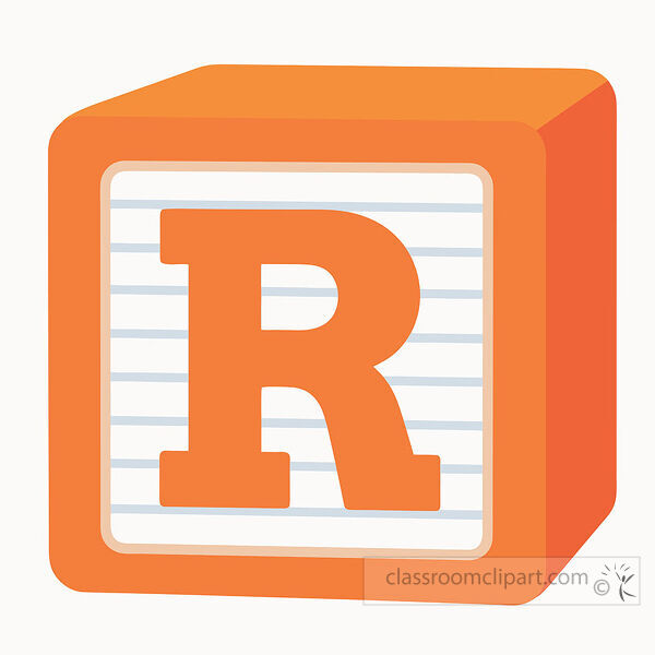 alphabet block with a large uppercase letter R on a lined white face with coral orange three dimensional sides