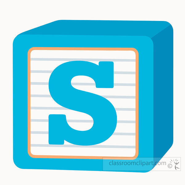 alphabet block with a large uppercase letter S on a lined white face with dark teal three dimensional sides