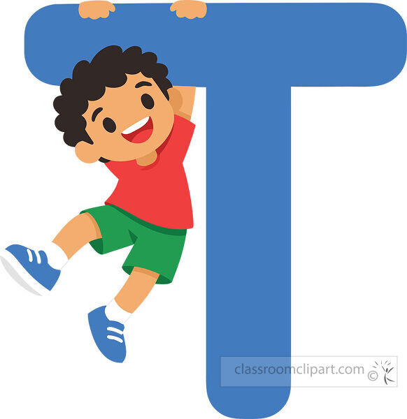 Large blue letter T with a smiling curly haired boy hanging from the top bar while swinging one leg outward