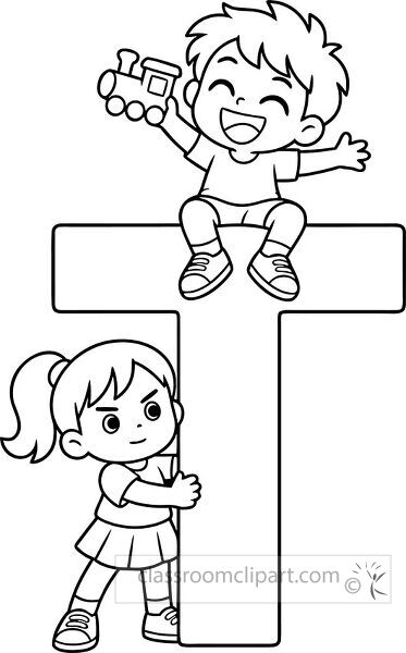 Large outlined letter T with a happy boy sitting on top holding a toy train and a girl hugging the lower stem