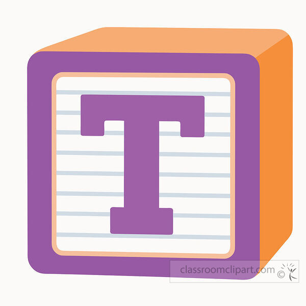 alphabet block with a large uppercase letter T on a lined white face with bright orange three dimensional sides