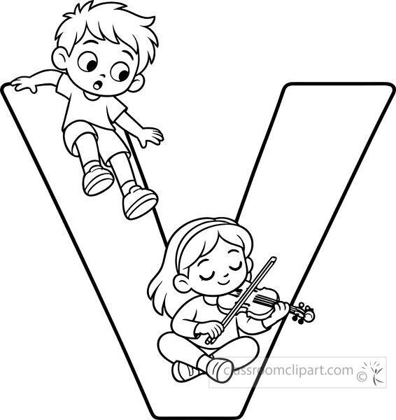 Large outlined letter V with a boy sitting on the upper left side and a girl seated inside playing a violin